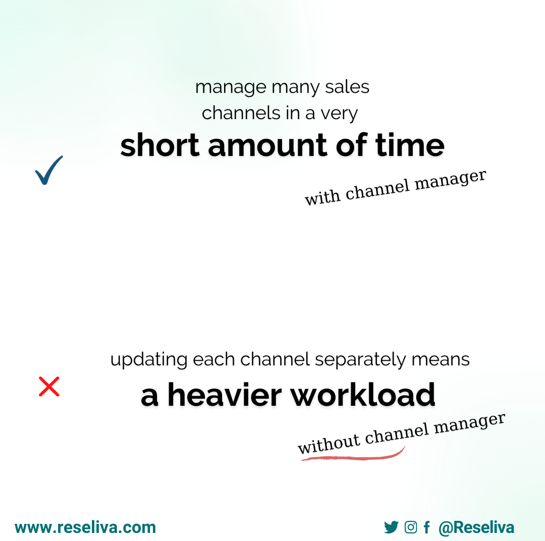 Manage many online sales channels in a very short amount with channel manager. With a channel manager you can open different types of rooms to sales on all online hotel booking channels because it creates no extra workload.<br>
Without a channel manager updating each channel separetely means a heavier workload.