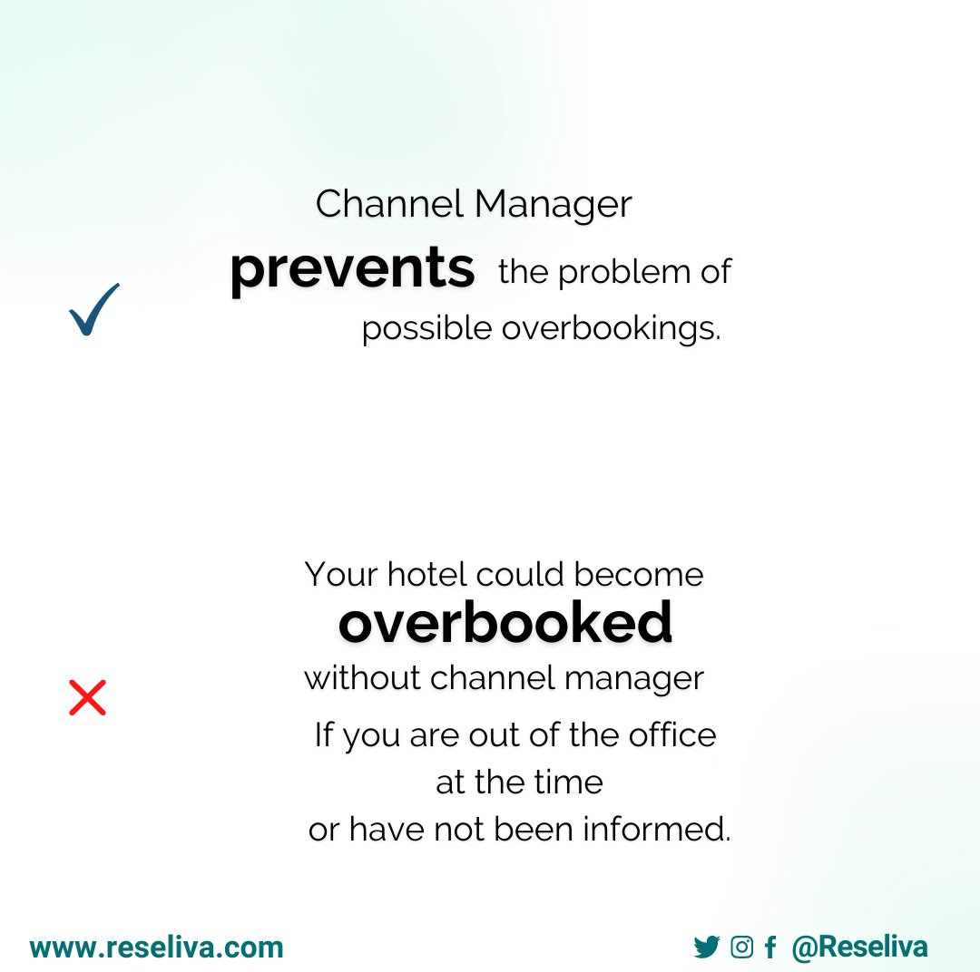 Channel manager prevent the problem of possible overbookings and so dissatified guests. <br>
You will be under pressure to close out the booked room on all your other channels. If you are out of the office at the time or have not been informed, the channel manager prevents the problem of possible overbookings.