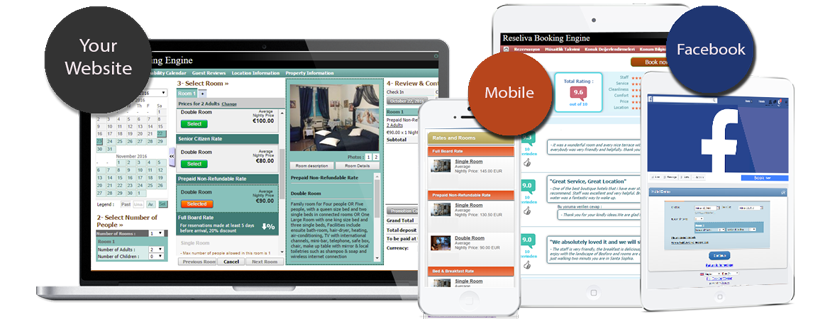 Reseliva booking engine enables you to receive direct online bookings through your hotel website, Facebook page, and mobile website