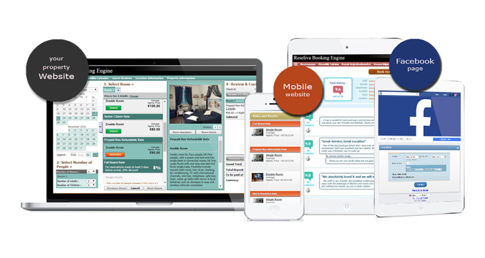 Reseliva booking engine enables you to receive direct online bookings through your hotel website, Facebook page, and mobile website